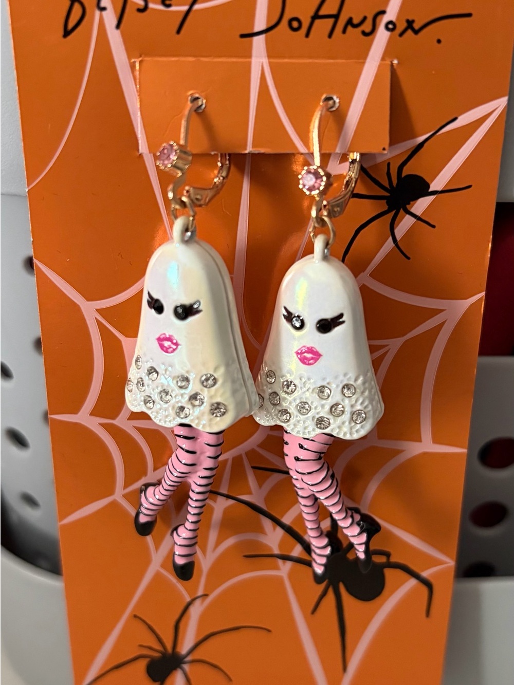 Betsey Johnson White Ghost Drop Earrings with Striped Stockings
